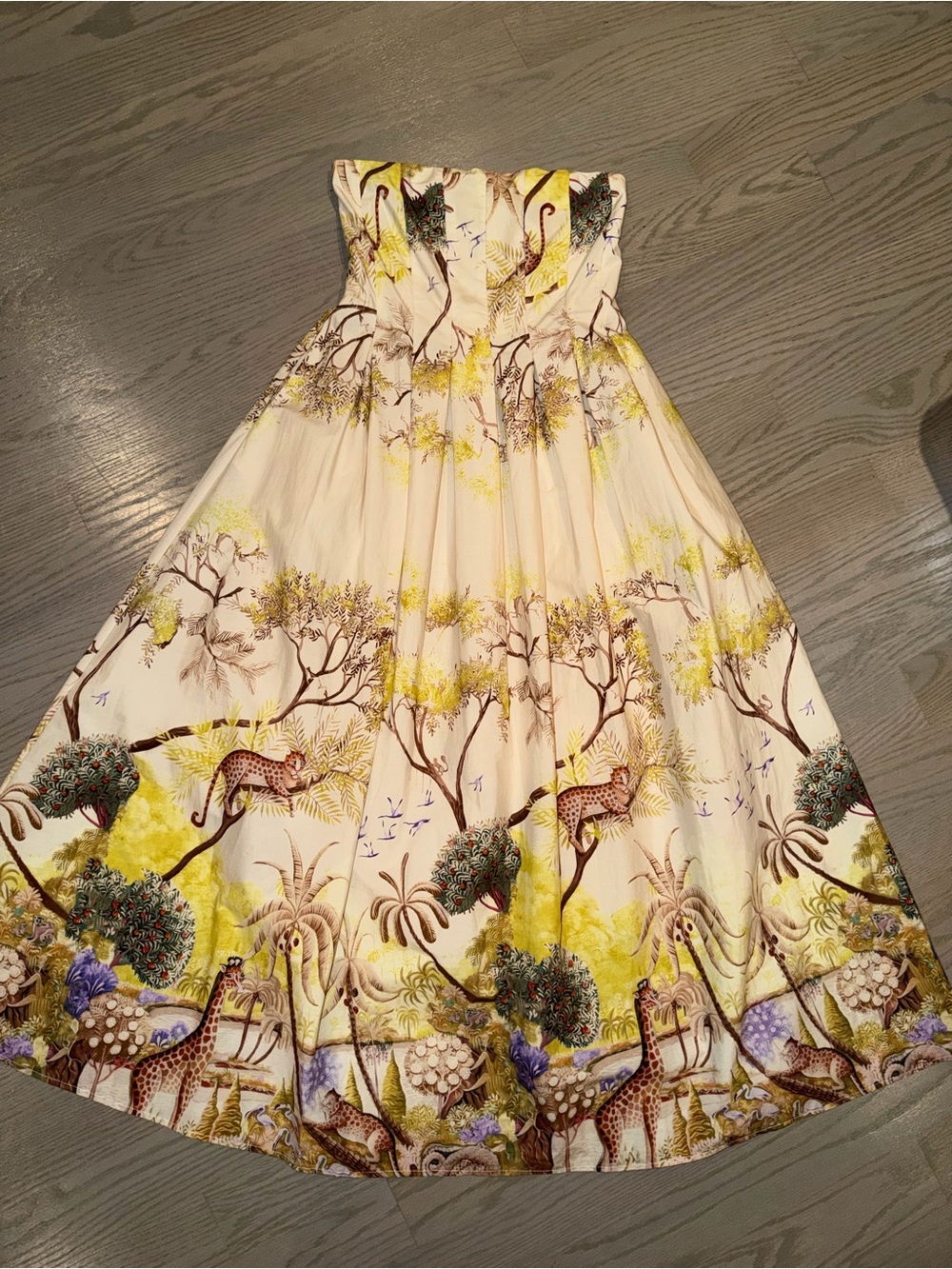 Caroline Constas Cream Sundress with Yellow & Brown Safari Print